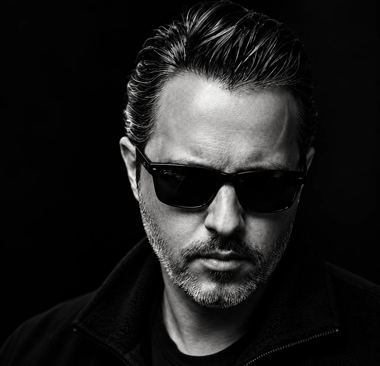 Alex wearing sunglasses, in black and white