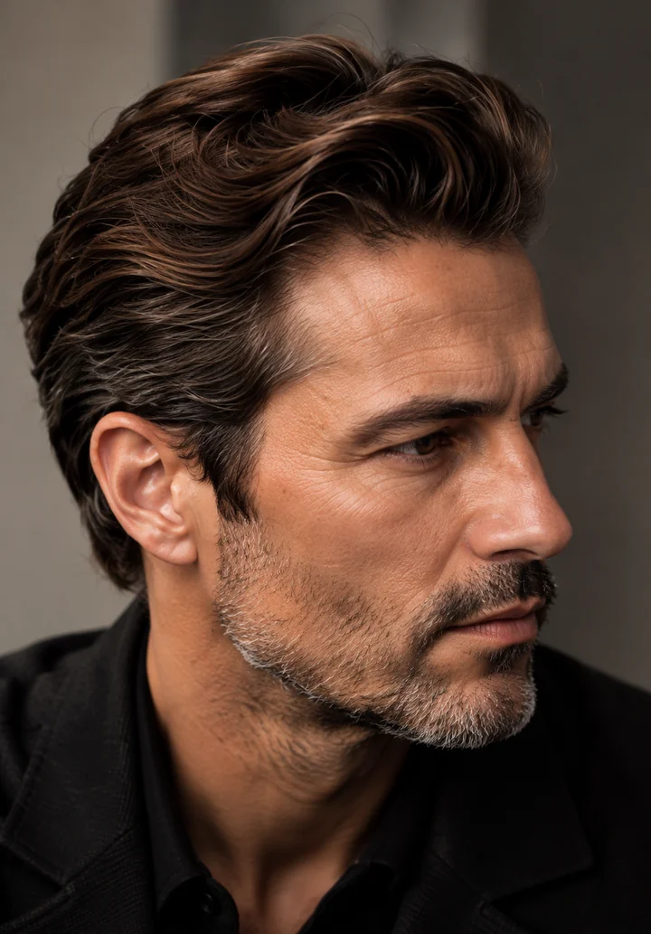 Men’s swept-back hairstyle
